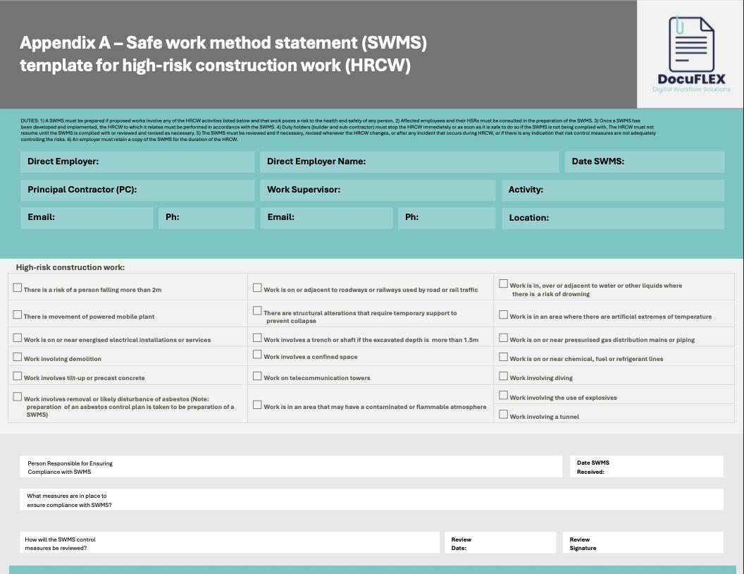 2025 SWMS Customisable Template Safe Work Method Statement/JSA Business Tool Safety