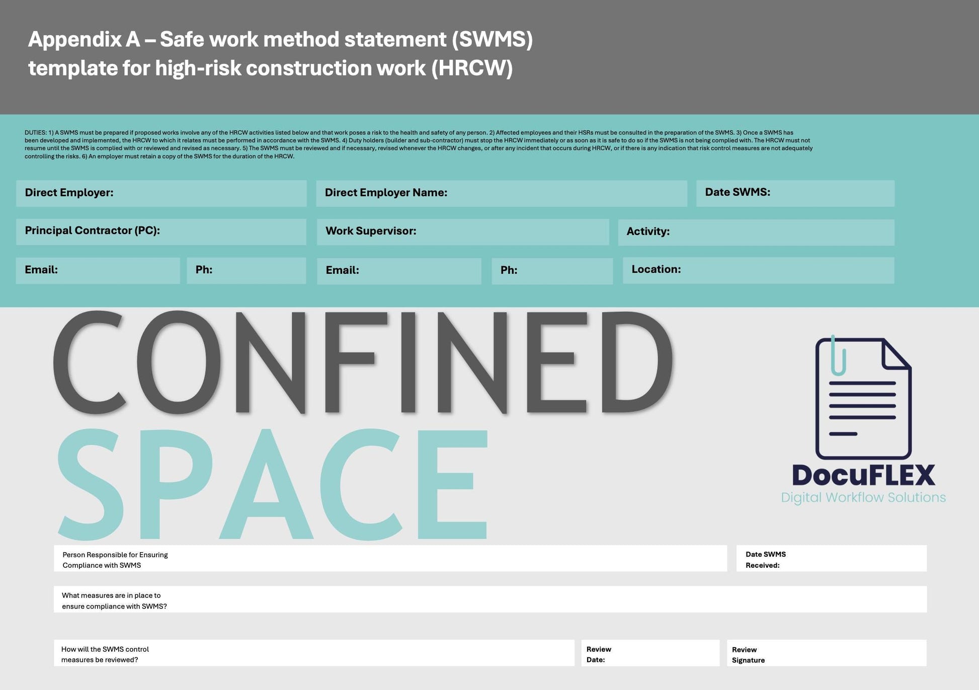 SWMS/Risk Assesment Confined Space - Editable