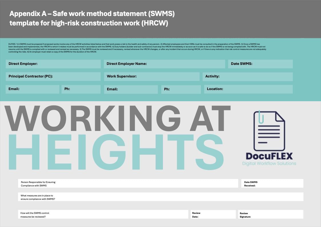 SWMS/Risk Assessment Working at Heights Editable Custom template Small Business