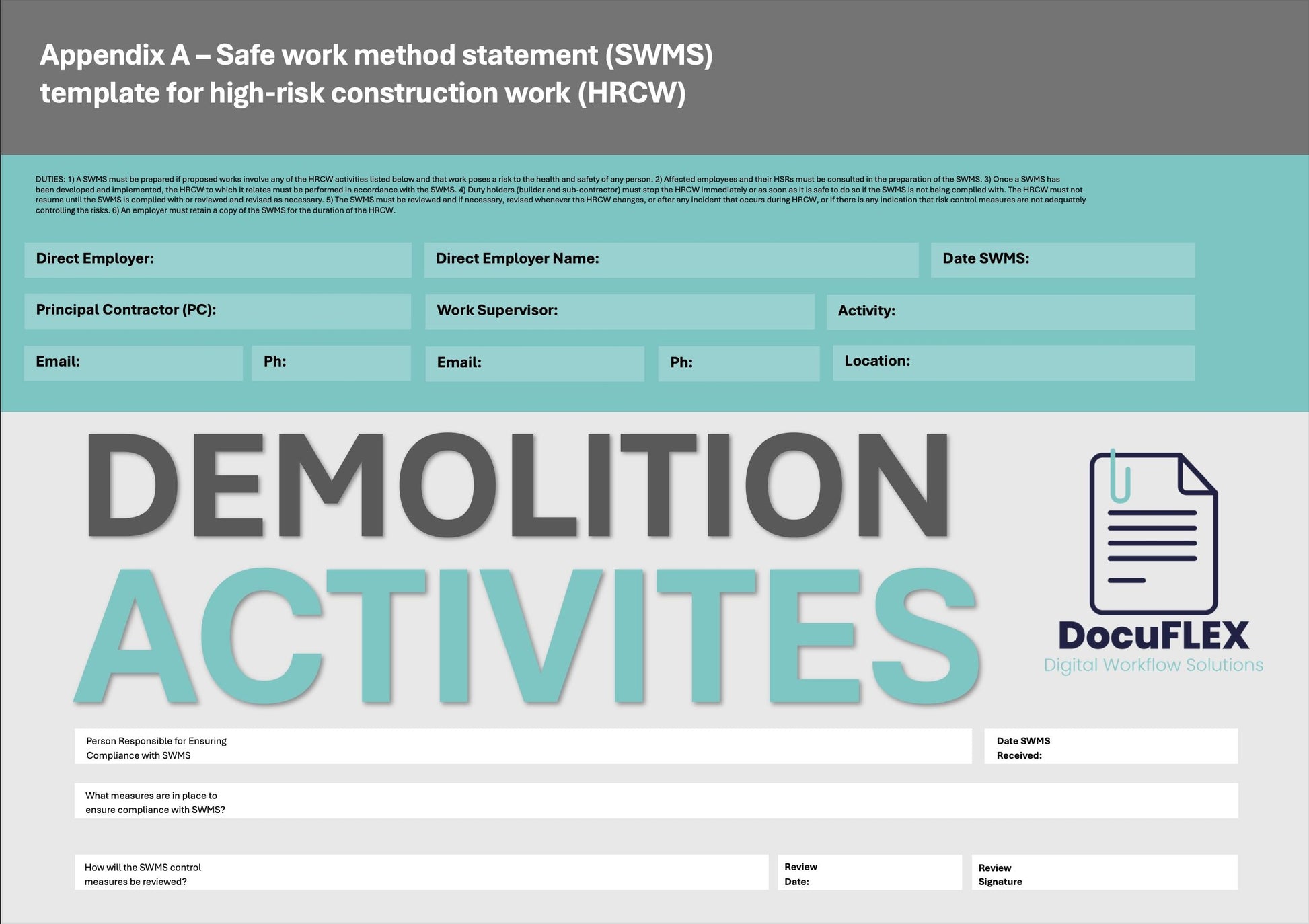 SWMS/Risk Assessment - Tailored for Demolition Activities on a Worksite Editable