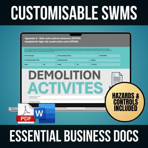 SWMS/Risk Assessment - Tailored for Demolition Activities on a Worksite Editable