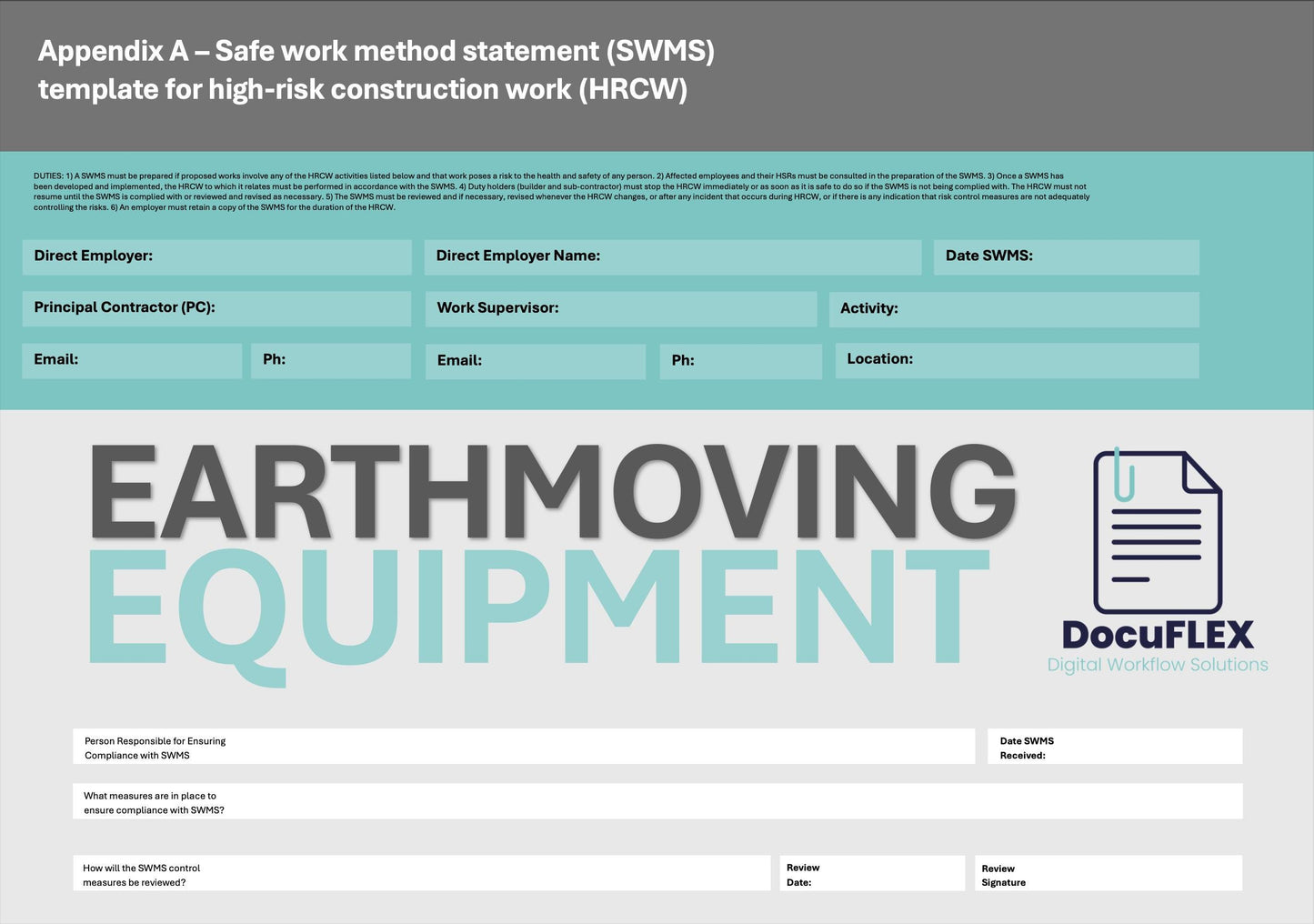 Safe Work Method Statement/Risk assesment Tailored for Earthmoving Equipment, Mobile Plant Risk Assesment