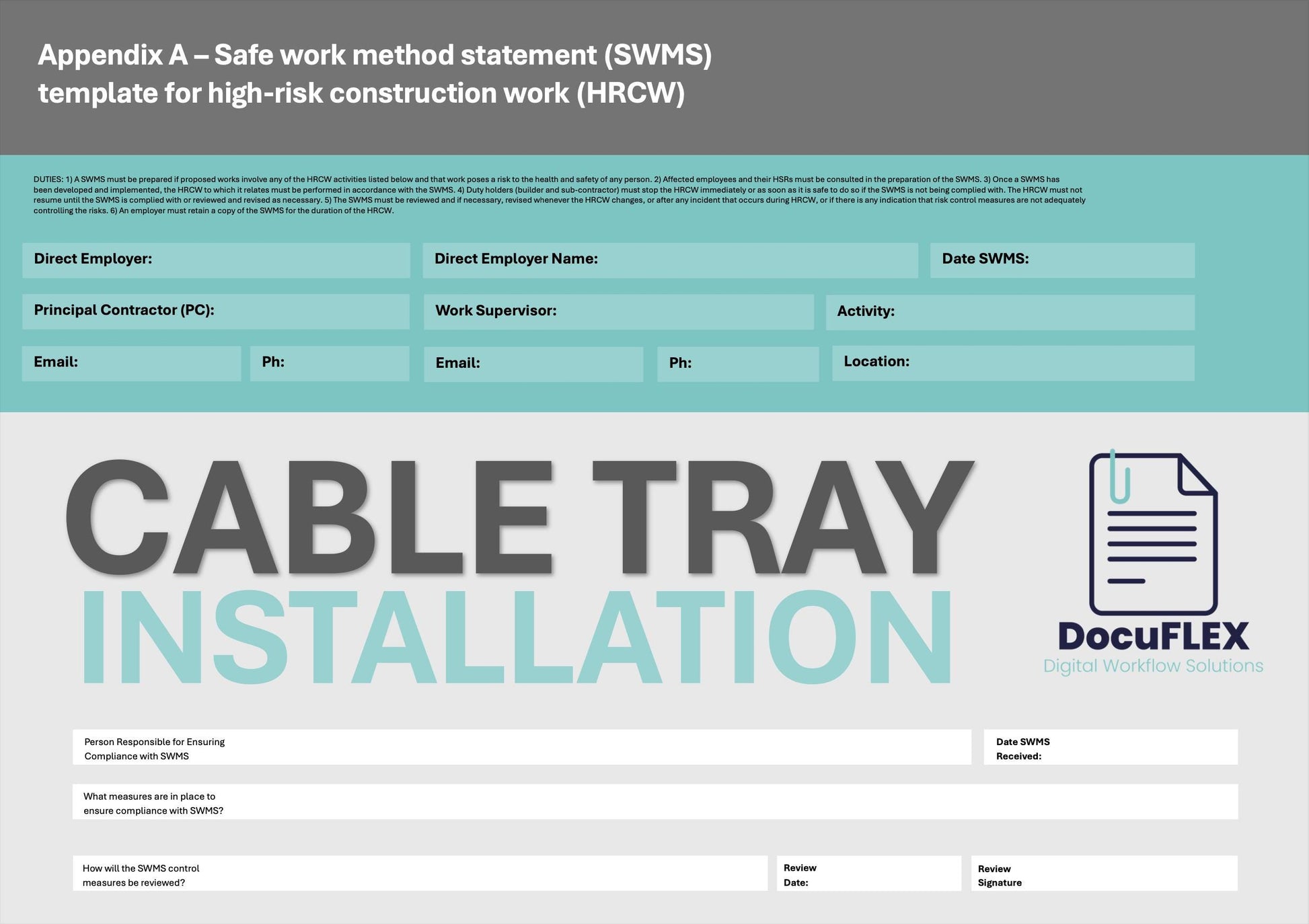 SWMS Electrical Cable Ladder Tray & Conduit Installation | Safe Work Method Statement | Editable WHS Template