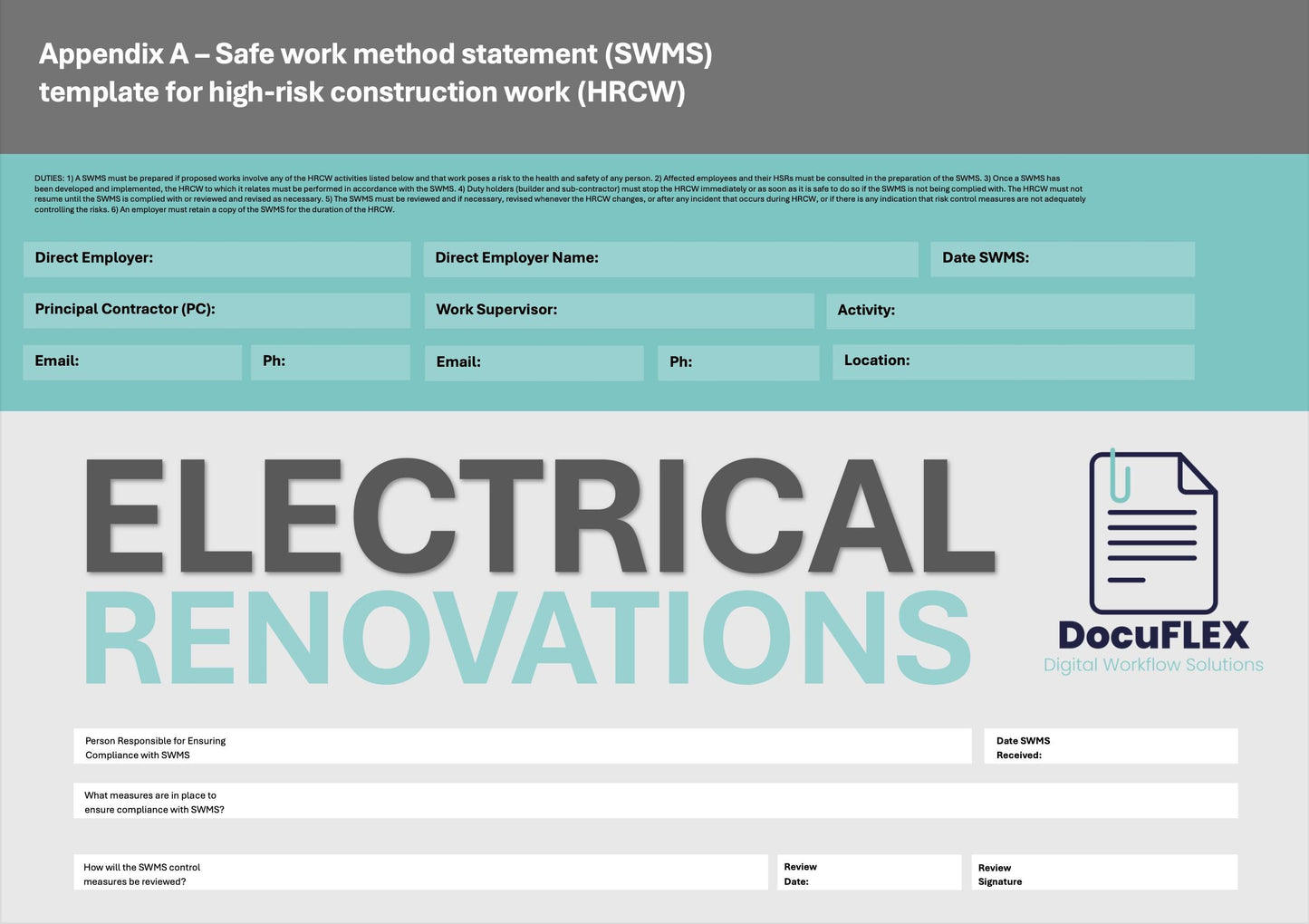 SWMS Electrical Renovations | Safe Work Method Statement | WHS Compliance | Editable Template