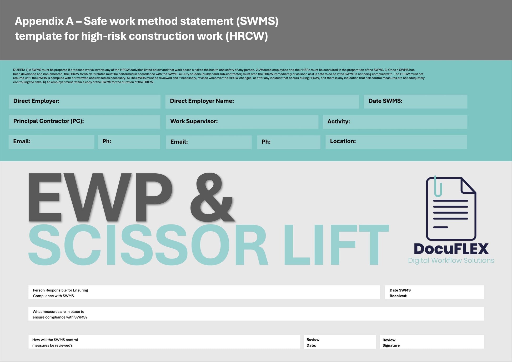 SWMS Elevated Work Platform | Safe Work Method Statement | WHS Compliance | Editable Template