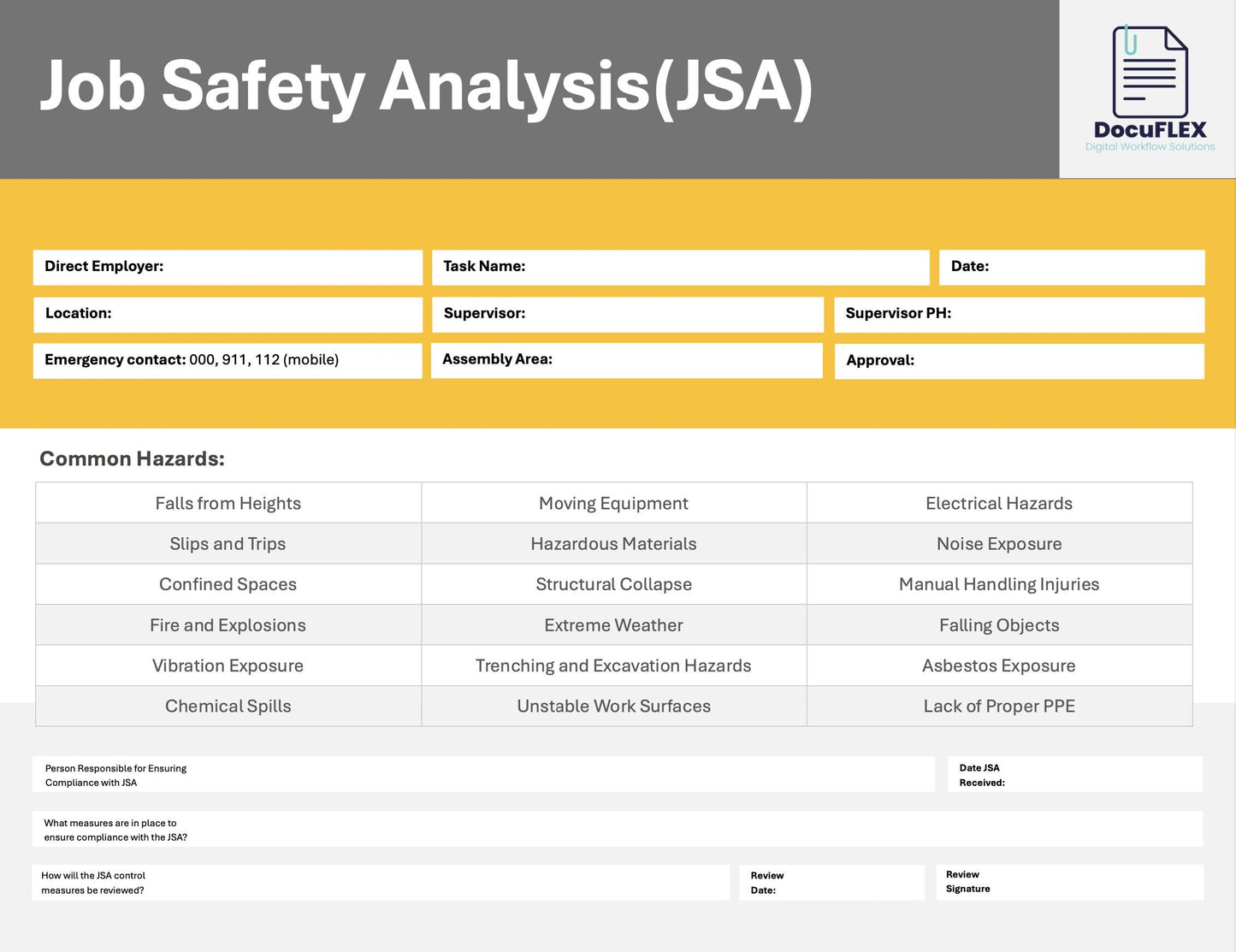 Job Safety Analysis JSA template Fully Customisable 2025. Risk Assessment. Risk Management