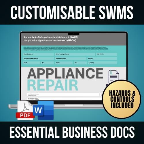 SWMS Electrical Appliance Repair | Workplace Safety | Editable Safe Work Method Statement | WHS Compliance