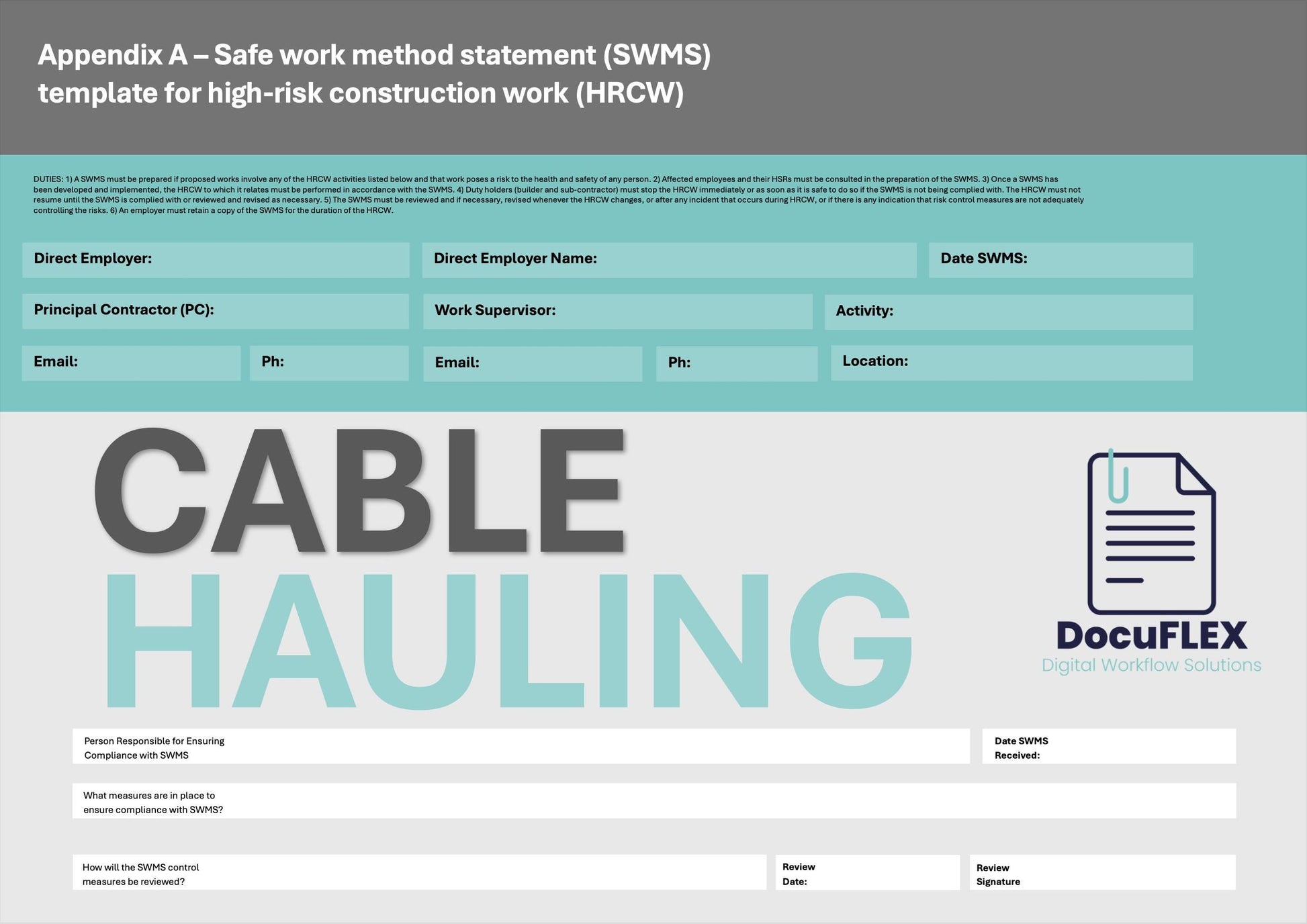 SWMS Cable Hauling | Safe Work Method Statement | WHS Compliance | Editable Safety Template