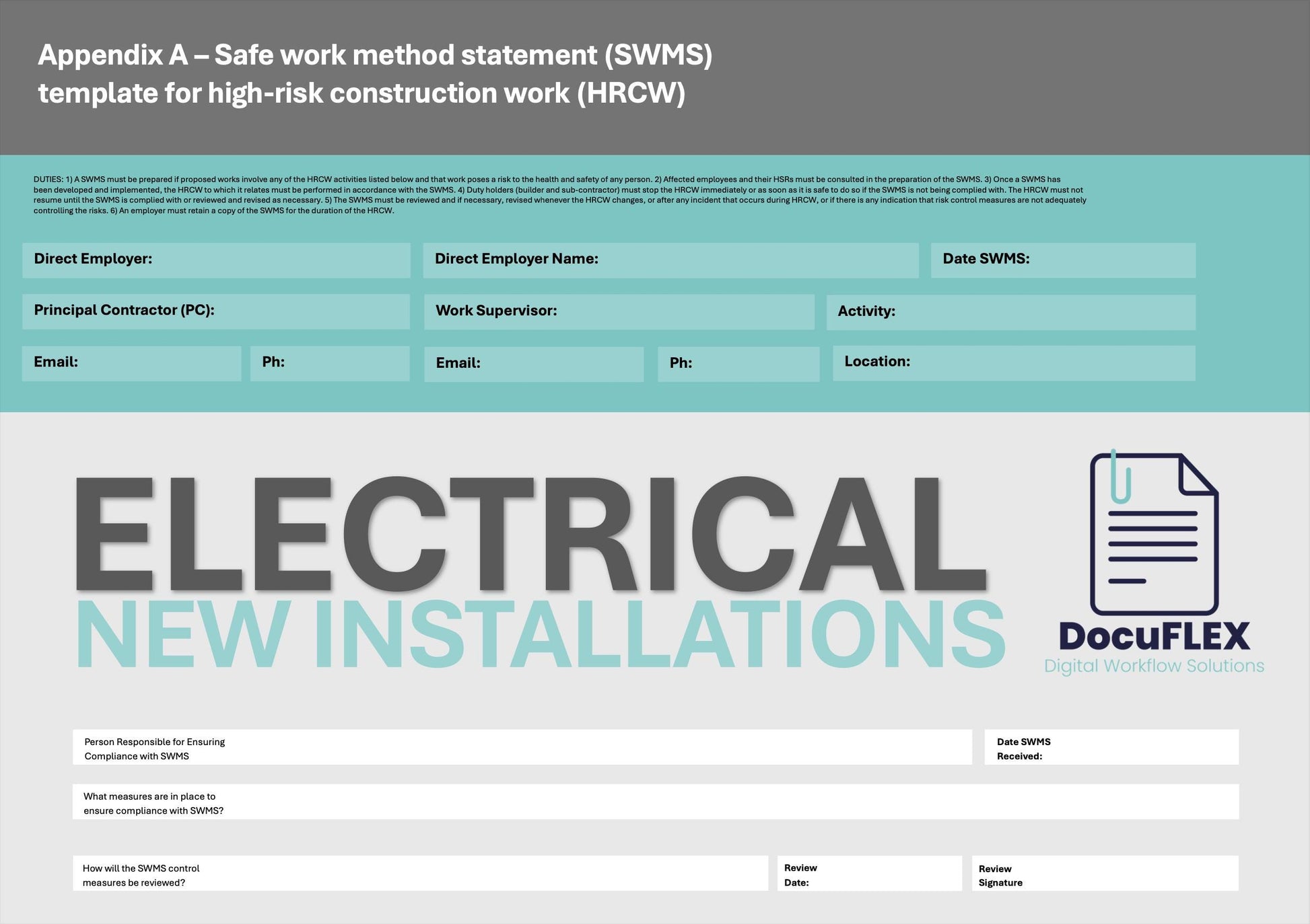 SWMS Electrical New Installations | Safe Work Method Statement | WHS Compliance | Editable Template