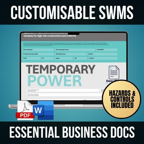 SWMS Temporary Power Install | Safe Work Method Statement | WHS Compliance | Editable Template