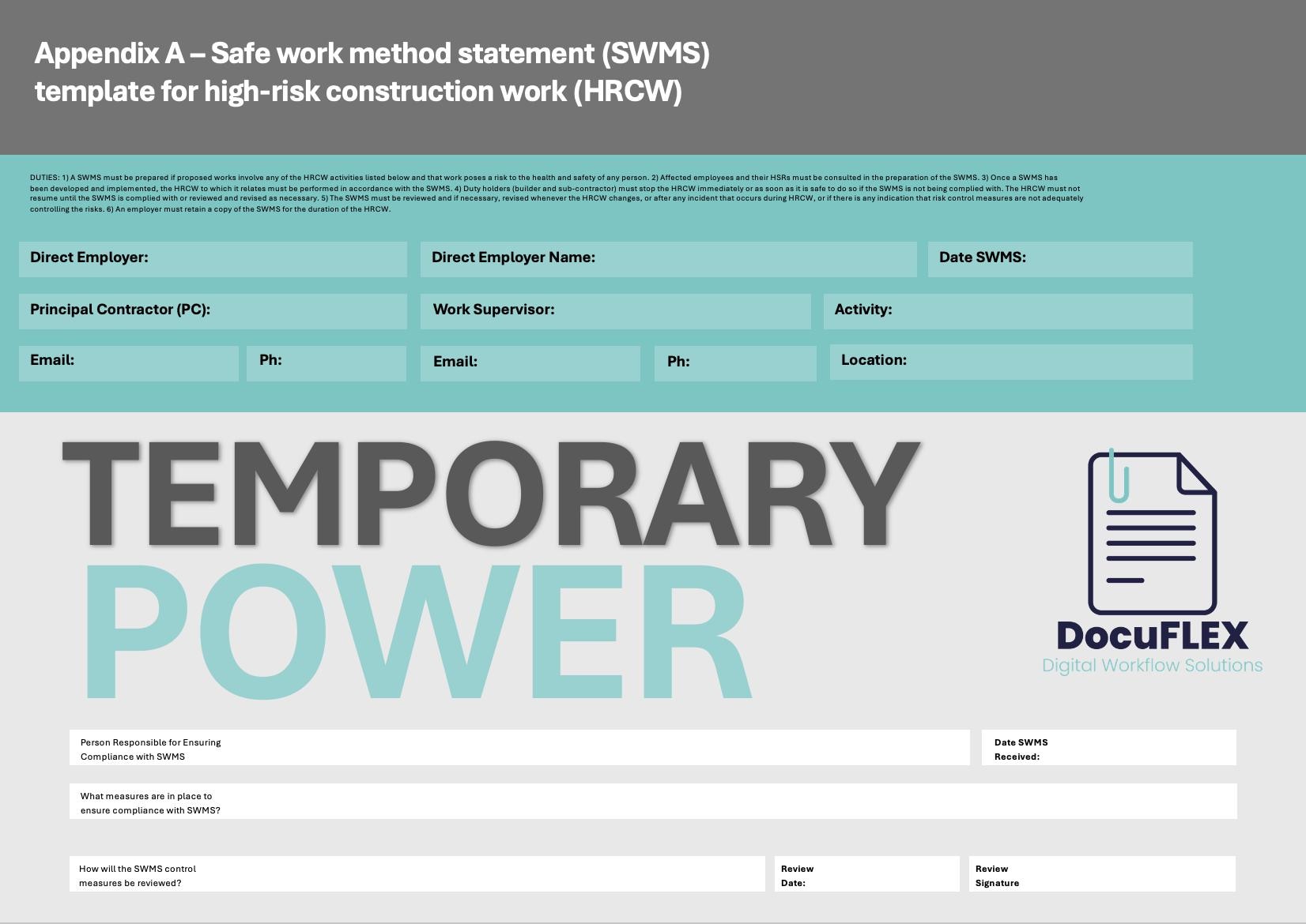 SWMS Temporary Power Install | Safe Work Method Statement | WHS Compliance | Editable Template