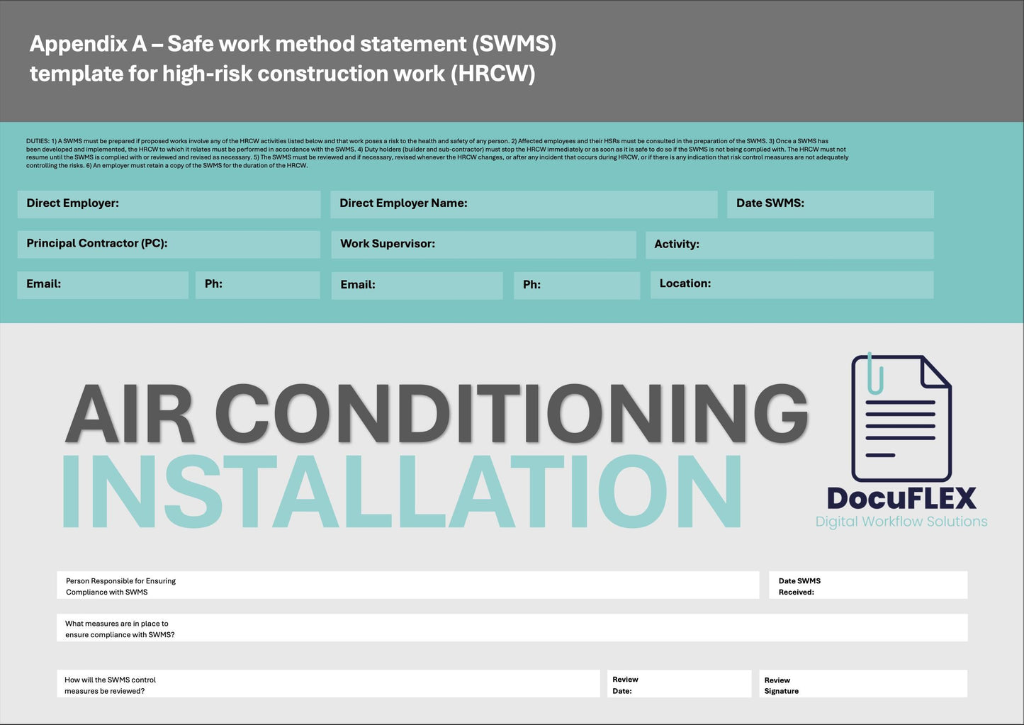 SWMS Air Conditioning Install | Safe Work Method Statement | WHS Compliance | Editable Template