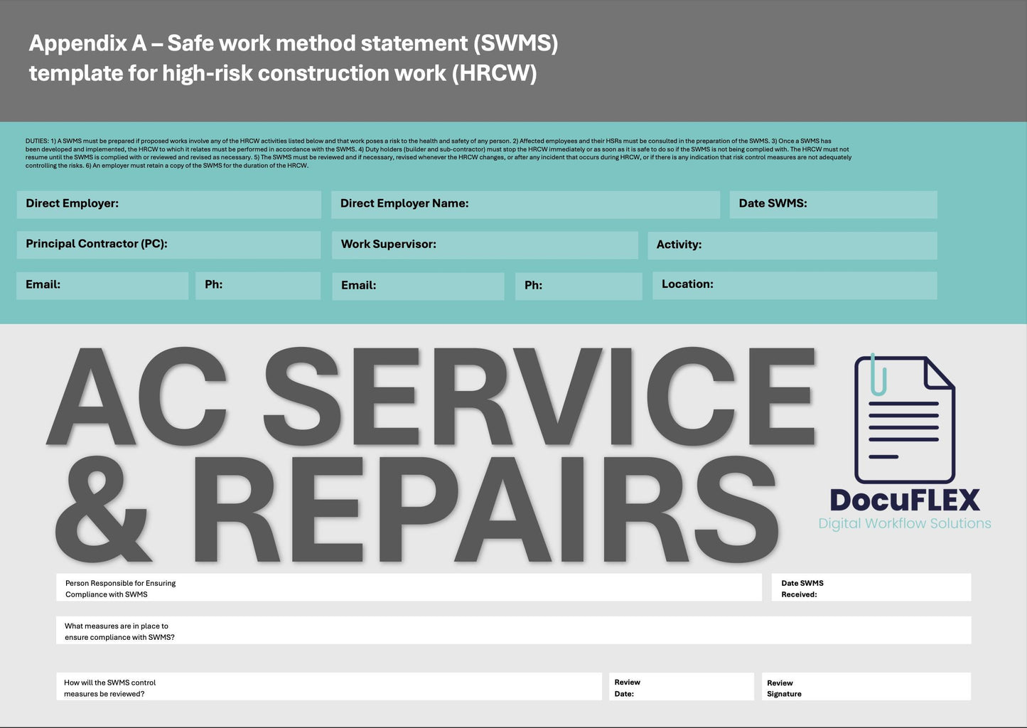 SWMS Air Conditioning Service & Repairs | Safe Work Method Statement | WHS Compliance | Editable Template