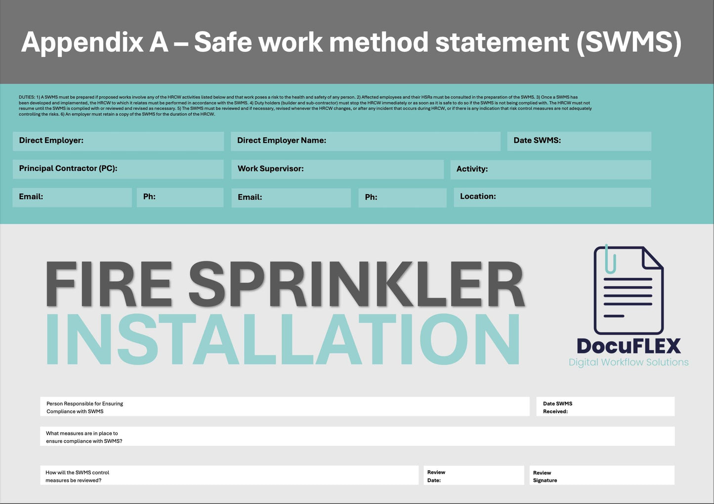 Fire Sprinkler System SWMS | Safe Work Method Statement | WHS Compliance | Editable Template