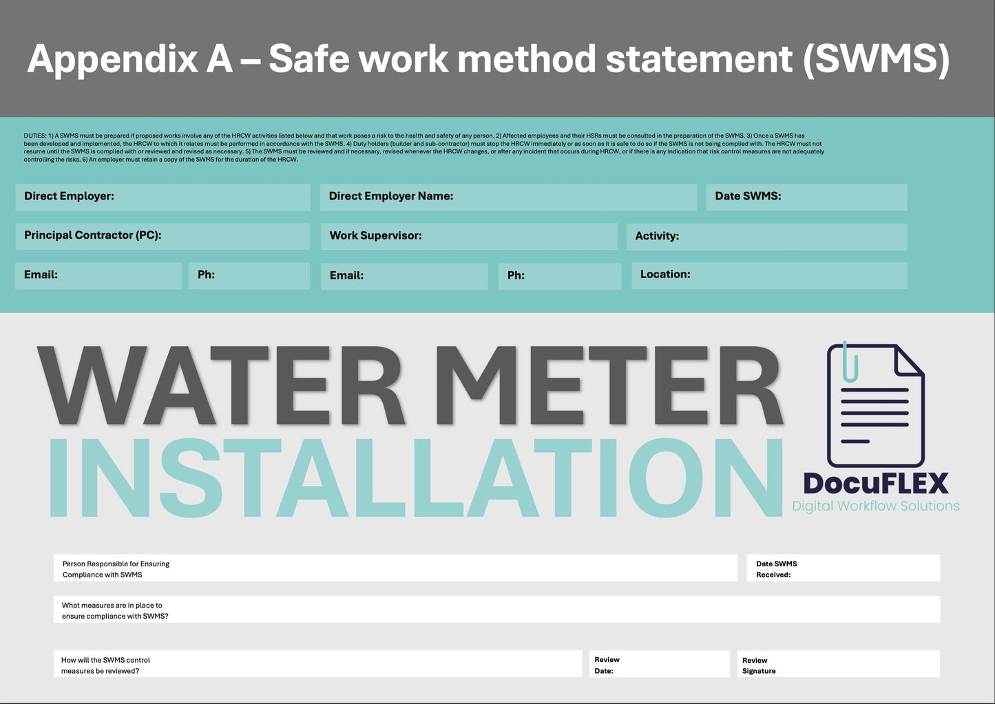 Plumbing Water Meter SWMS | Safe Work Method Statement | WHS Compliance | Editable Template