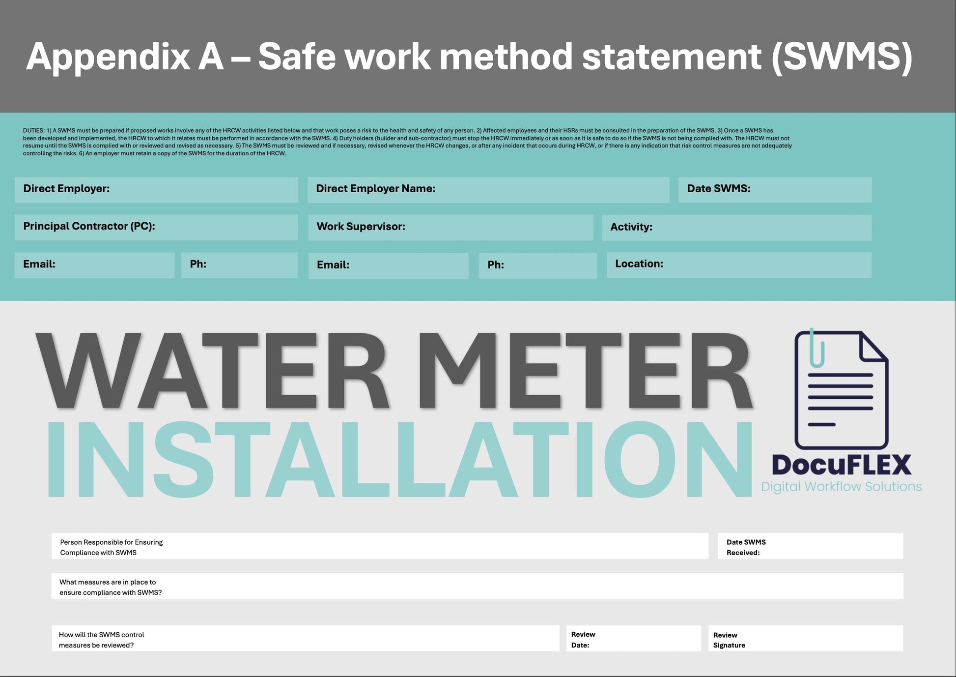 Plumbing Water Meter SWMS | Safe Work Method Statement | WHS Compliance | Editable Template