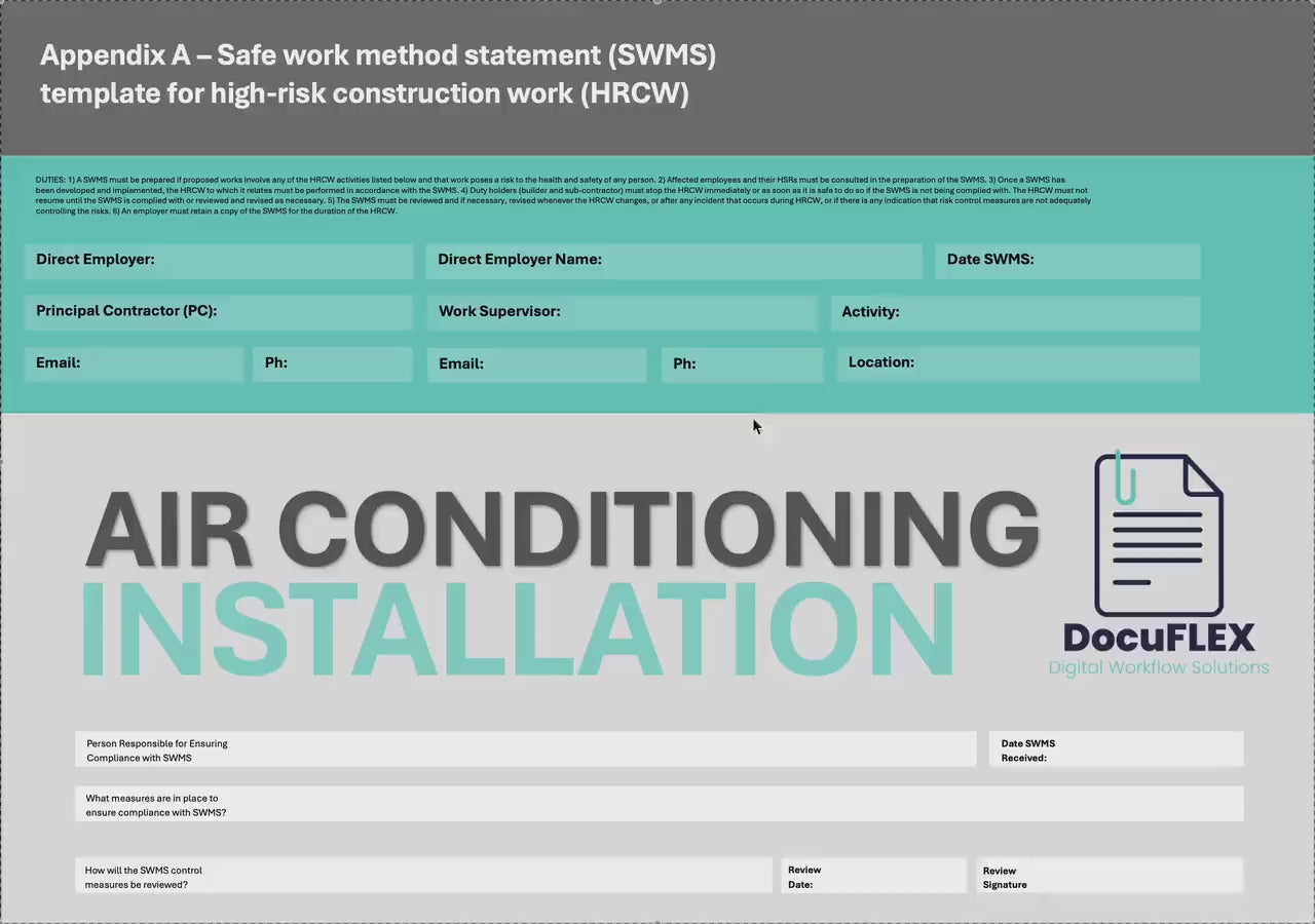 SWMS Air Conditioning Install | Safe Work Method Statement | WHS Compliance | Editable Template